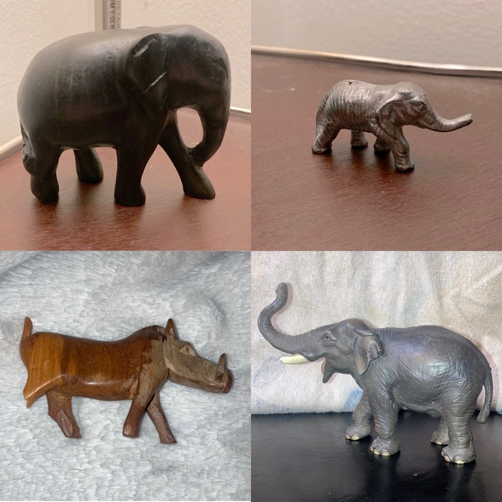 3 Elephant Figurines; Wood, Metal Truck Up Good Luck, Rubber Toy, & 1 Wood Pig